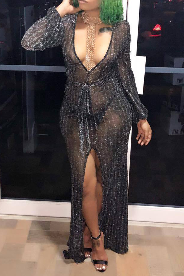 

Lovely Sexy See-through Front Slit Black Gauze Floor Length Dress