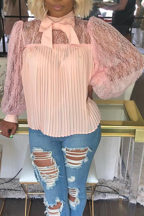 

Lovely Casual Patchwork Bow-Tie Pink Blouses