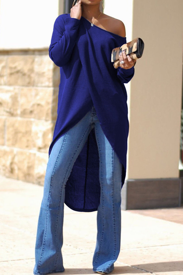 

Lovely Trendy Asymmetrical Sloping Shoulder Blue Blouses