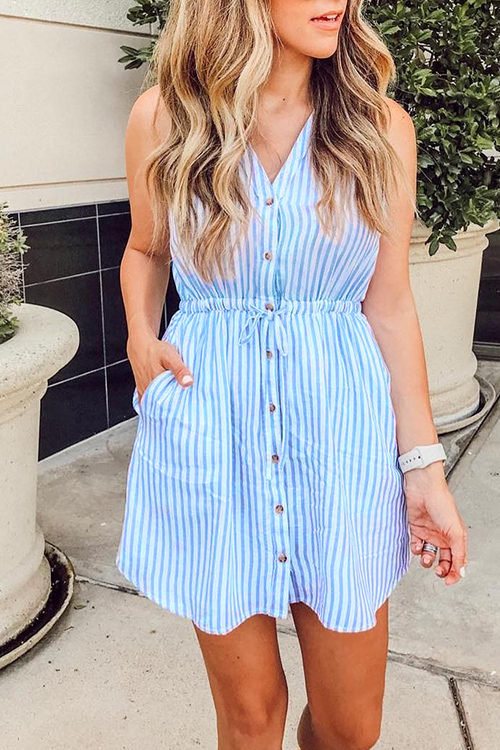 

Lovely Casual Buttons Decorative Striped Blue Cotton Blends Mini Dress, Blue stripe
