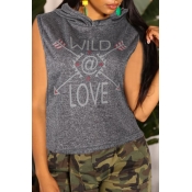 Lovely Casual Hooded Collar Printed Grey Camisole