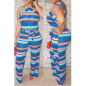 Lovely Euramerican Striped Blue One-piece Jumpsuit