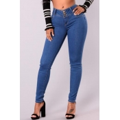 Lovely Casual High Waist Deep Blue Denim Jeans