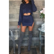 Lovely Casual Hooded Collar Slit Blue Two-piece Sk