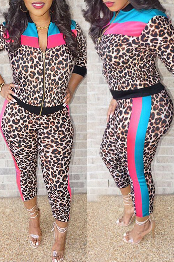

Lovely Casual Patchwork Leopard Printed Two-piece Pants Set