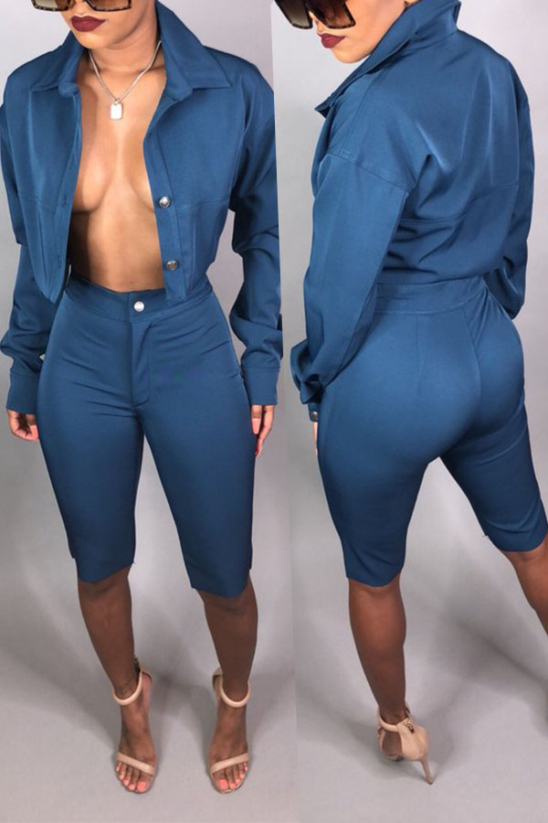 

Lovely Casual Buttons Design Dark Blue Blending Two-piece Shorts Set