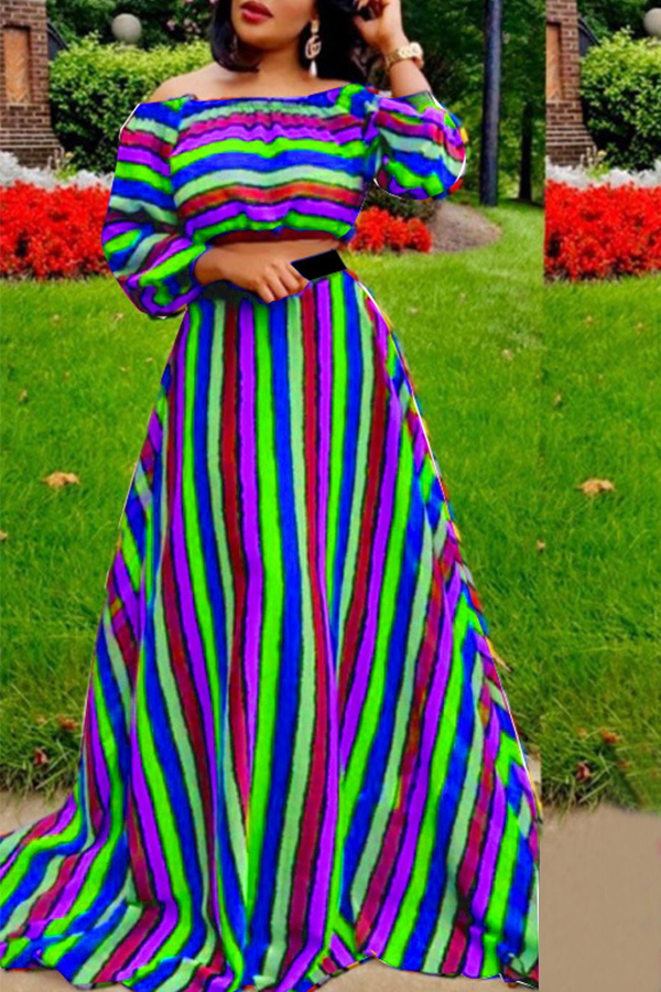 

Lovely Casual Striped Show Hilum Blue Two-piece Skirt Set