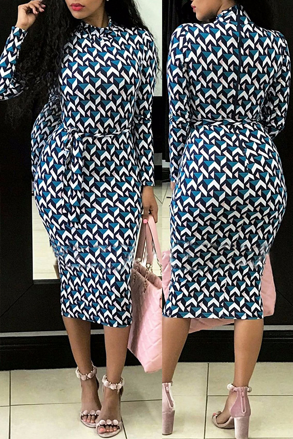 

Lovely Euramerican Geometric Printed Slim Green Knee Length Dress