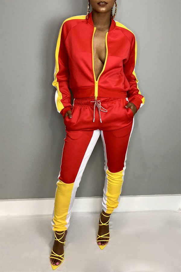 

Lovely Sportswear Hooded Collar Patchwork Red Twilled Satin Two-piece Pants Set