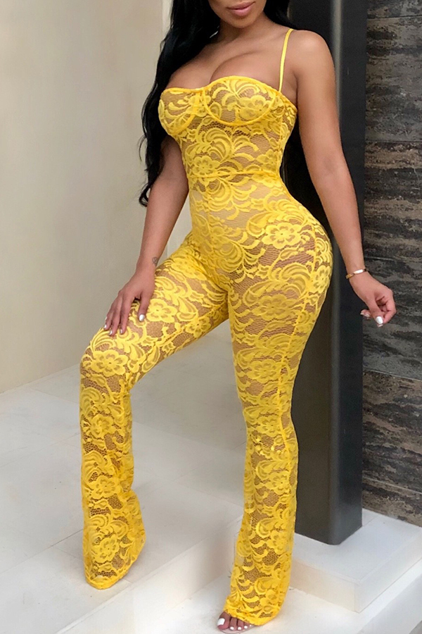 

Lovely Sexy Hollowed-out Lace Spliced Yellow Lace One-piece Jumpsuit(Without Briefs)