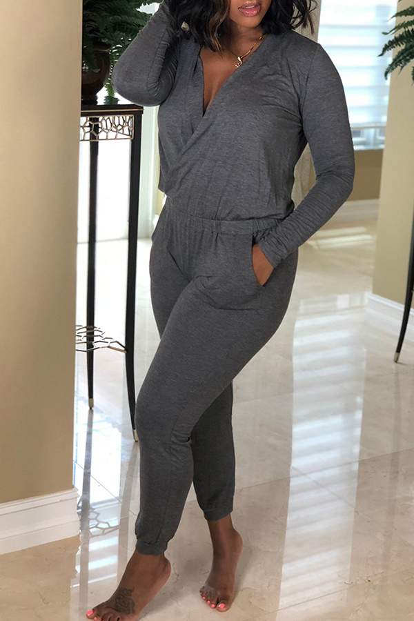 

Lovely Casual Cross-over Design Grey Knitting One-piece Jumpsuit
