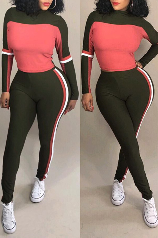 

Lovely Sportswear Patchwork Army GreenTwo-piece Pants Set