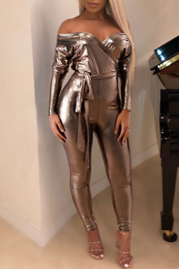 

Lovely Sexy Dew Shoulder Skinny Champagne One-piece Jumpsuit