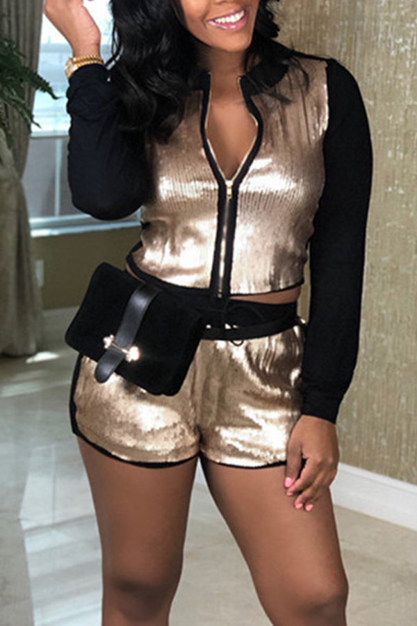 

Lovely Casual Patchwork Zippers Design Gold Two-piece Shorts Set