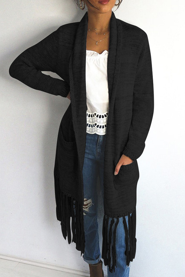 

Lovely Casual Tassel Design Long Black Cotton Coat
