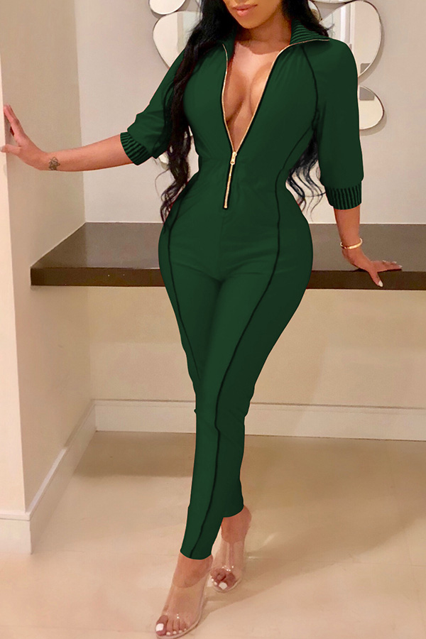 

Lovely Casual Zippers Design Skinny Blackish Green Twilled Satin One-piece Jumpsuit