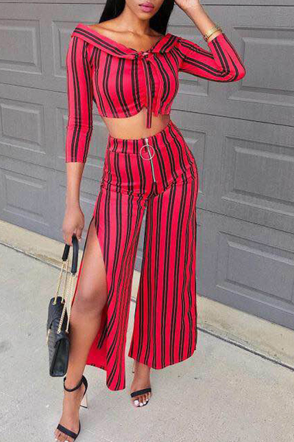 

Lovely Casual Striped Slit Red Twilled Satin Two-piece Pants Set