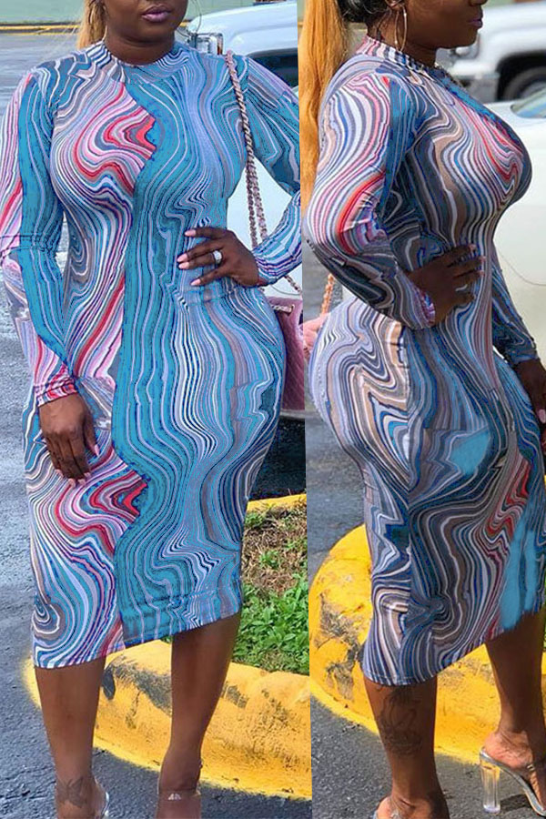 

Lovely Euramerican Printed Slim Blue Mid Calf Dress