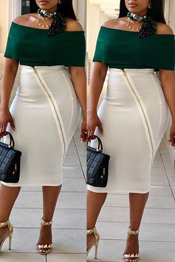 

Lovely Elegant Dew Shoulder Zippers Design Green Two-piece Skirt Set