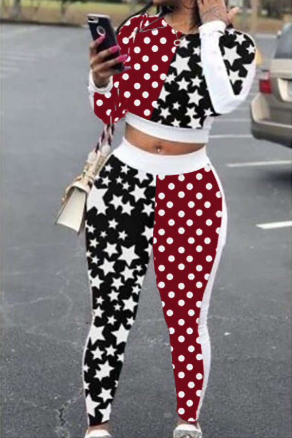 

Lovely Euramerican Dots Printed Patchwork Black Two-piece Pants Set