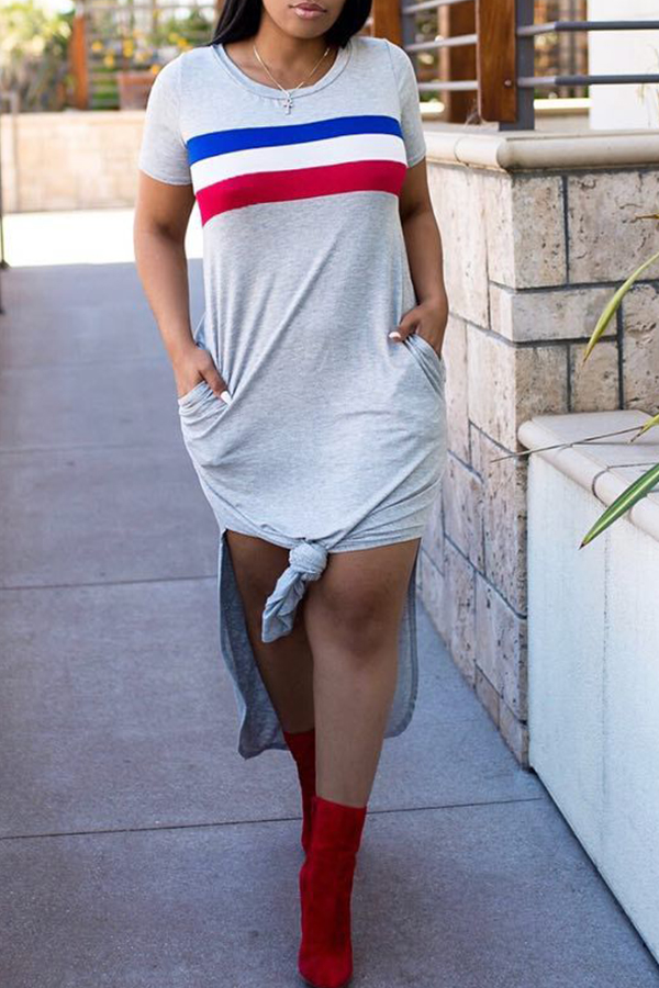 

Lovely Casual Side High Slit Grey Blending Mid Calf Dress