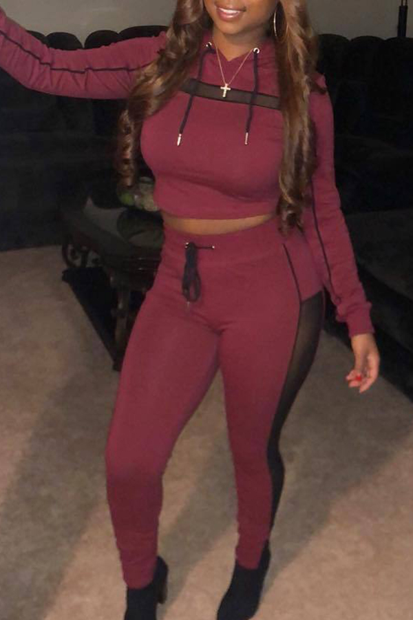 

Lovely Casual Patchwork Wine Red Twilled Satin Two-piece Pants Set