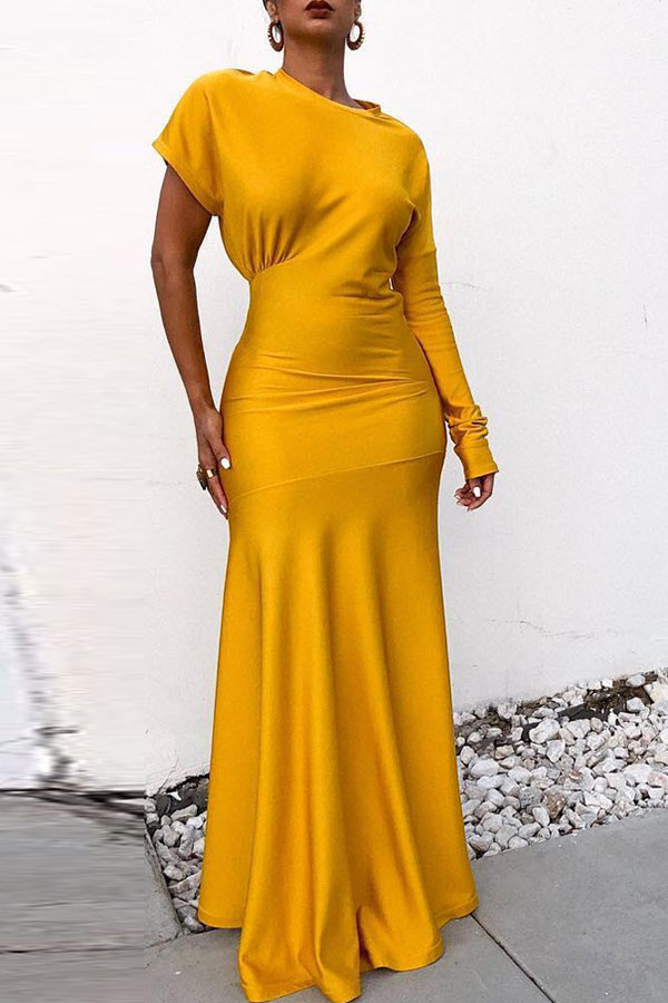 

Lovely Elegant Fishtail Yellow Twilled Satin Floor Length Dress