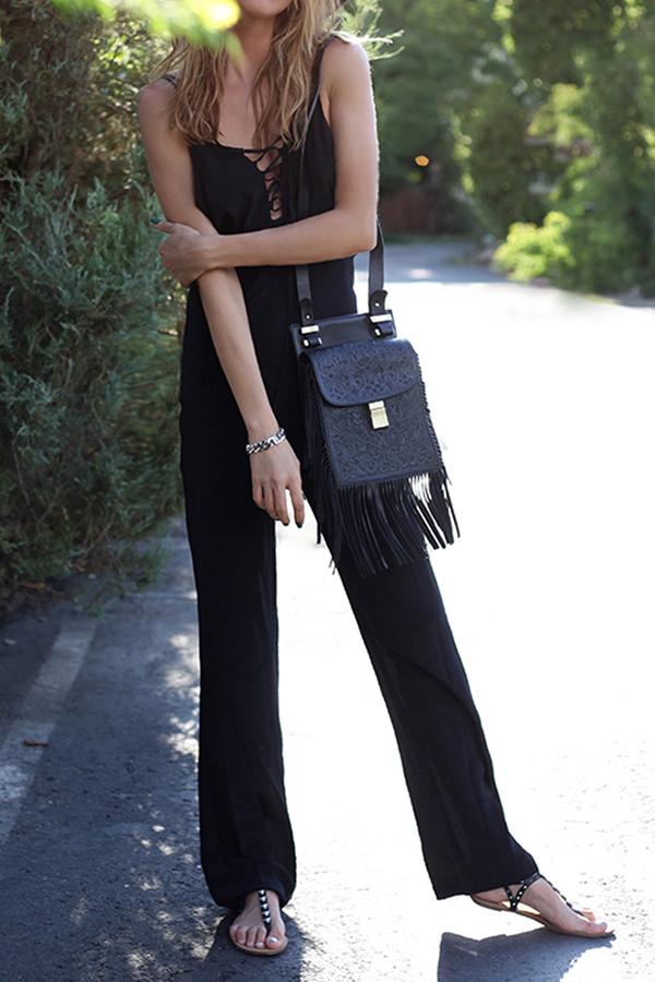 

Lovely Euramerican Backless Black One-piece Jumpsuit