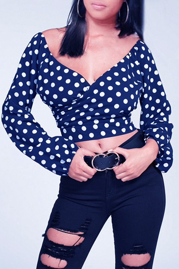 

Lovely Fashion Dots Printed Flare Sleeves Dark Blue Blouses