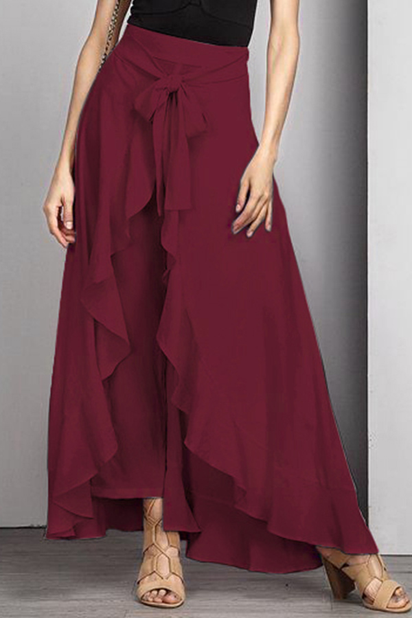 

Lovely Trendy Flounce Design Lace-up Wine Red Cotton Blends Pants