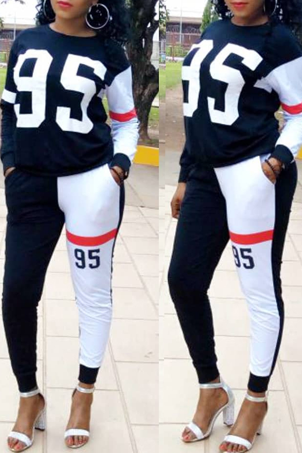 

Lovely Sportswear Patchwork Black Twilled Satin Two-piece Pants Set