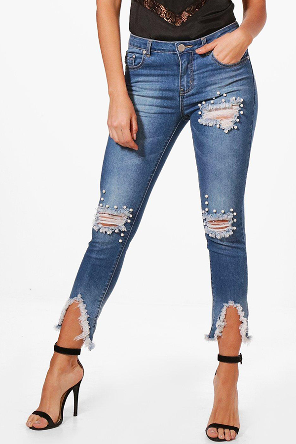 

Lovely Casual Broken Holes Torn Edges Blue Jeans