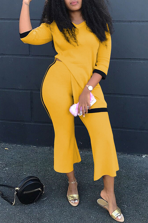 

Lovely Casual Patchwork Loose Yellow Two-piece Pants Set