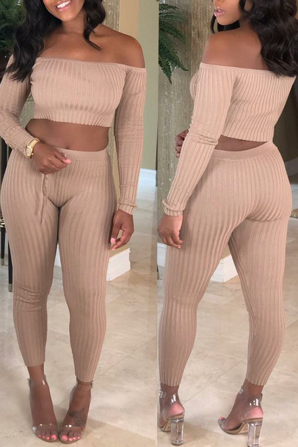 

Lovely Casual Dew Shoulder Skinny Khaki Blending Two-piece Pants Set