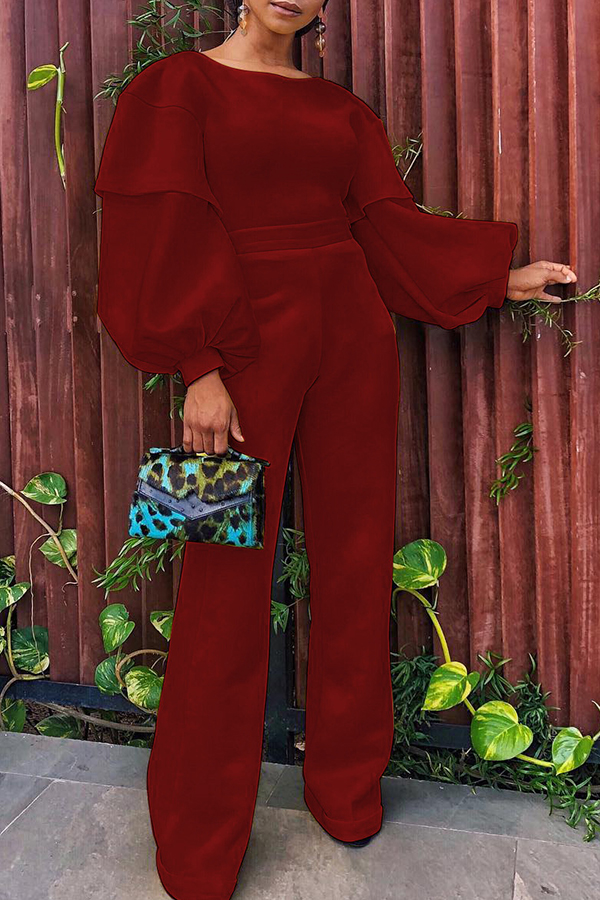 

Lovely Vogue Puffed Sleeves Loose Wine Red One-piece Jumpsuit