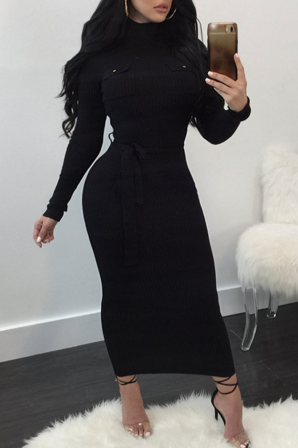 

Lovely Euramerican Long Sleeves Slim Black Knitting Ankle Length Dress