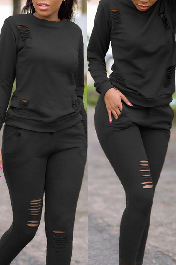 

Lovely Casual Long Sleeves Broken Holes Black Two-piece Pants Set