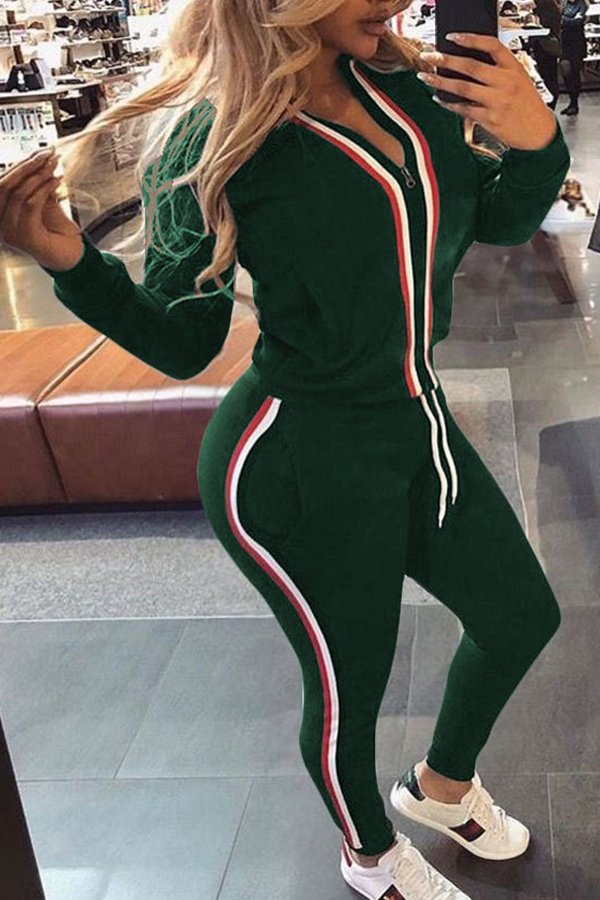

Lovely Casual Patchwork Blackish Green Two-piece Pants Set