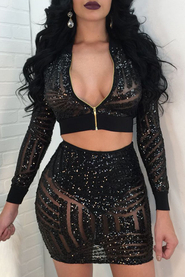 

Lovely Sexy Long Sleeves Sequined Decorative Black Two-piece Skirt Set