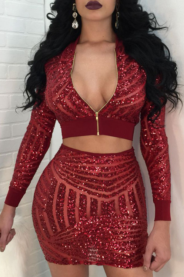 

Lovely Sexy Long Sleeves Sequined Decorative Red Two-piece Skirt Set