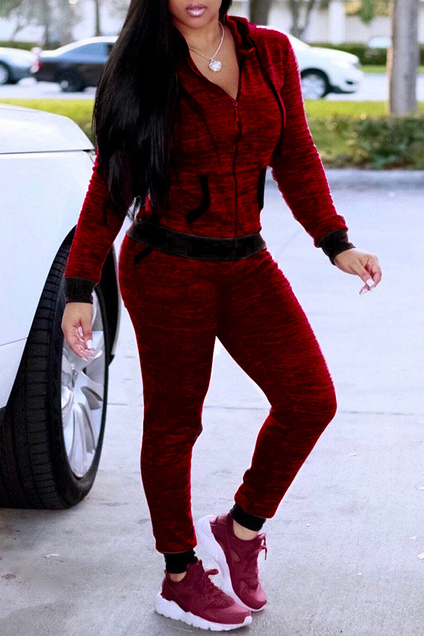 

Lovely Casual Hooded Collar Wine Red Knitting Two-piece Pants Set