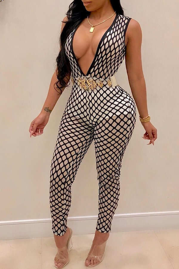 

Lovely Casual Grids Printed Skinny Black One-piece Jumpsuit