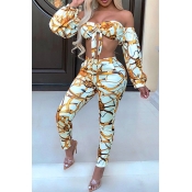 Lovely Casual Dew Shoulder Printed Light Blue Two-