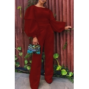 Lovely Vogue Puffed Sleeves Loose Wine Red One-pie