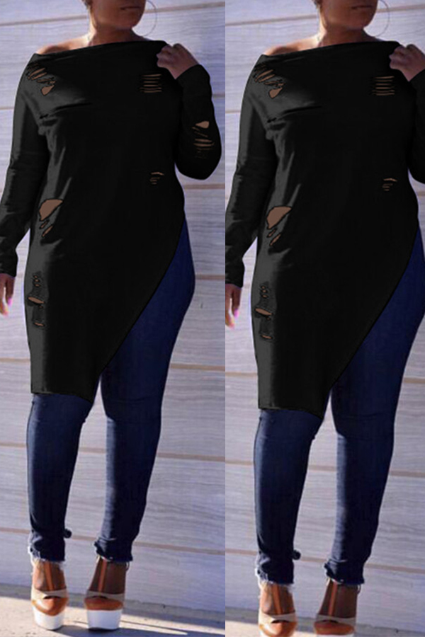 

Lovely Casual Irregular Hems Long Sleeves Black T-shirt