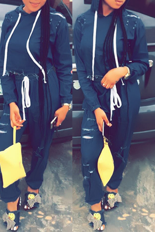 

Lovely Casual Hooded Collar Deep Blue Denim Two-piece Pants Set