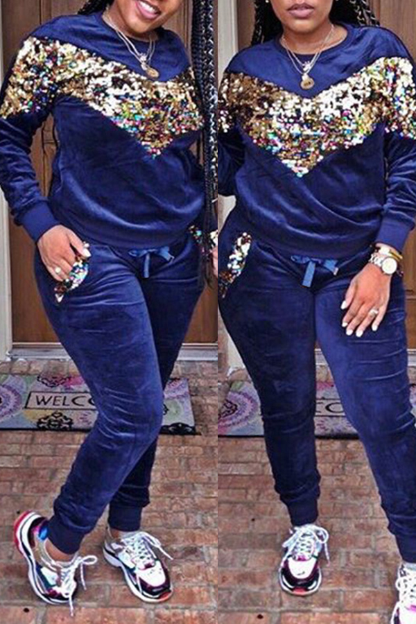 

Lovely Casual Patchwork Sequined Decorative Deep Blue Velvet Two-piece Pants Set