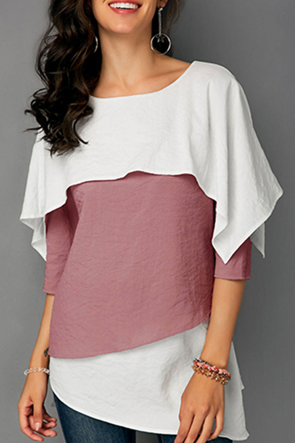 

Lovely Casual Color-lump Patchwork Dusty-pink Knitting T-shirt