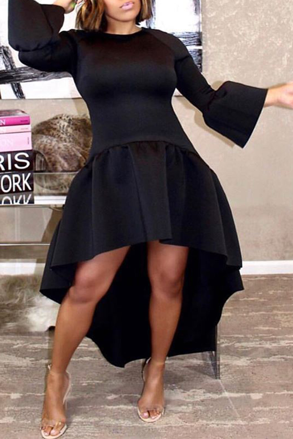 

Lovely Casual Asymmetrical Flare Sleeves Black Ankle Length Dress