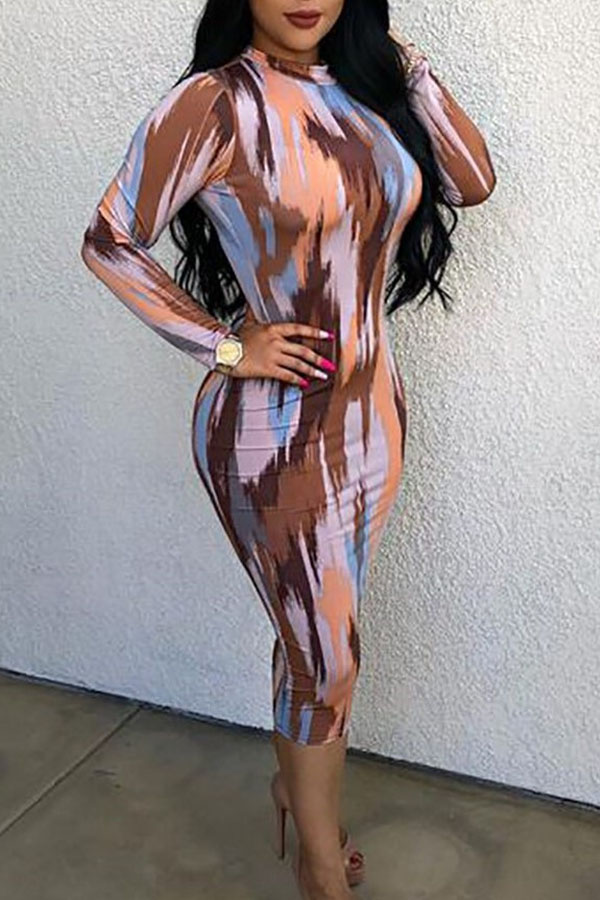 

Lovely Casual Long Sleeves Printe Slim Multicolor Twilled Satin Mid Calf Dress (Batch Print)